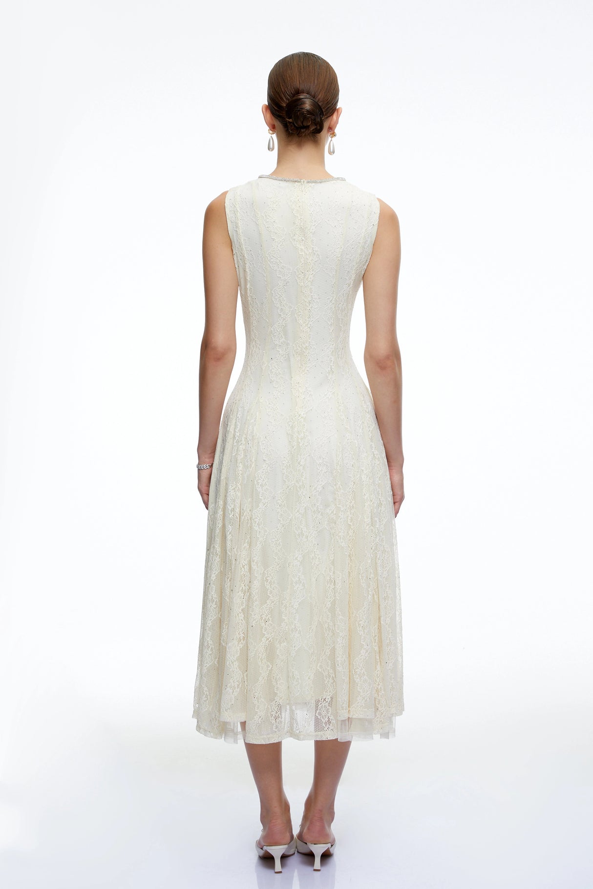 Cassia White Embroidered Midi Dress with Lace