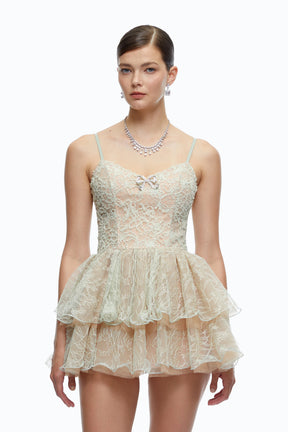 Cassidy Mint Green Lace Ruffled Embellished Mini Dress