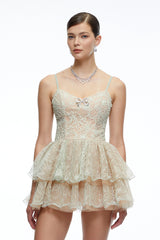 Cassidy Mint Green Lace Ruffled Embellished Mini Dress