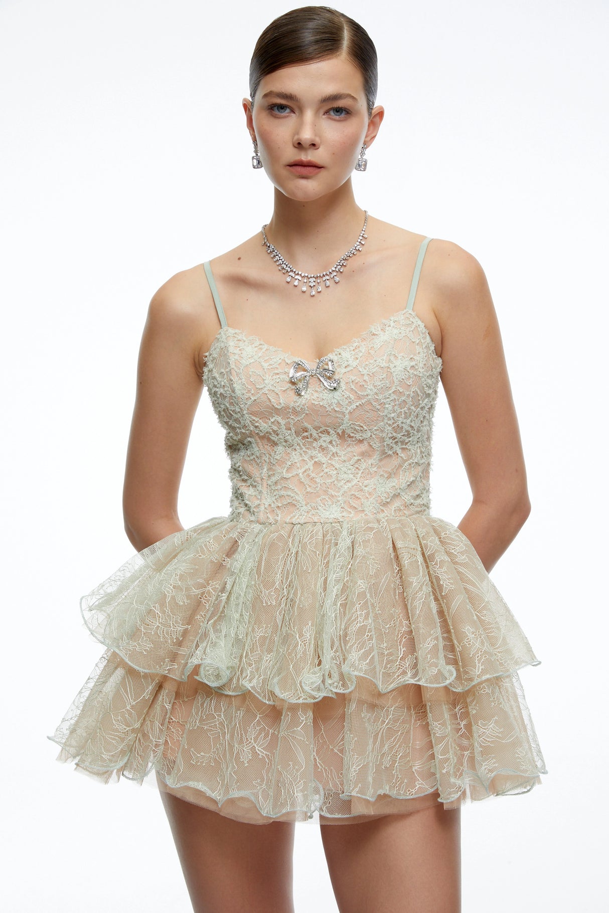 Cassidy Mint Green Lace Ruffled Embellished Mini Dress