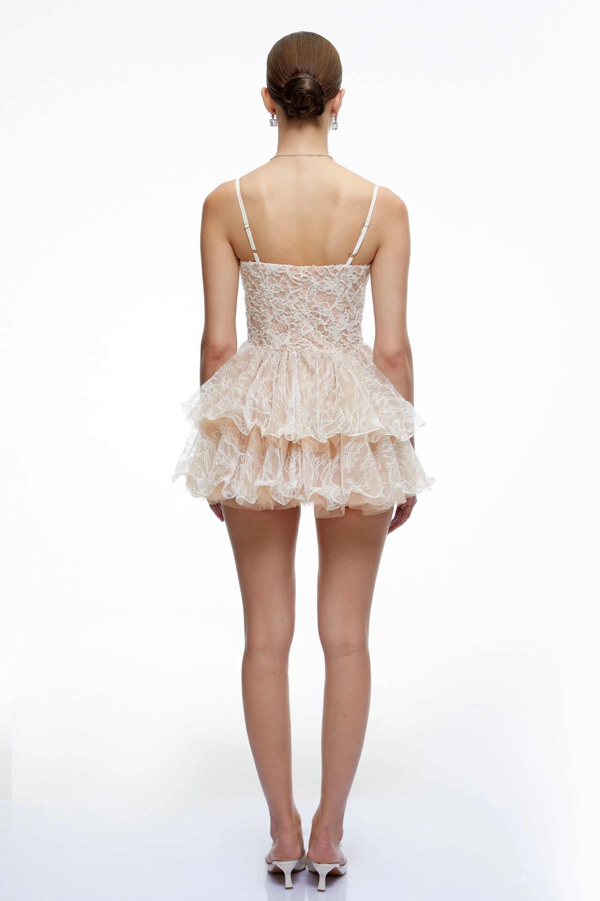Cassidy Neutral Lace Ruffled Embellished Mini Dress