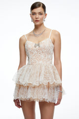 Cassidy Neutral Lace Ruffled Embellished Mini Dress