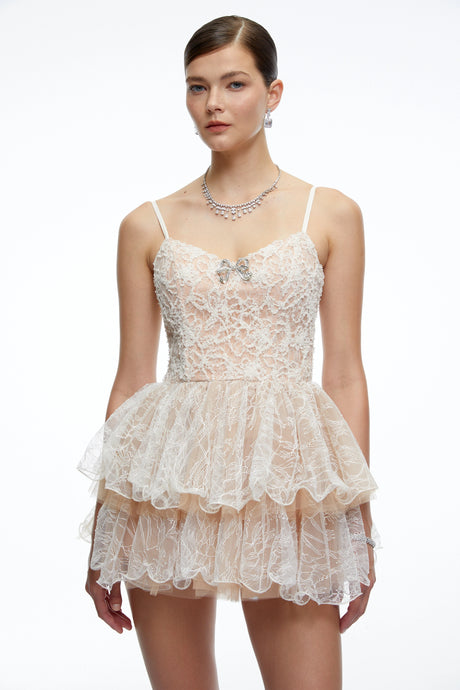 Cassidy Neutral Lace Ruffled Embellished Mini Dress