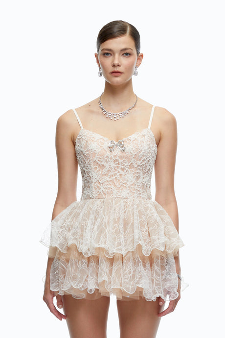 Cassidy Neutral Lace Ruffled Embellished Mini Dress