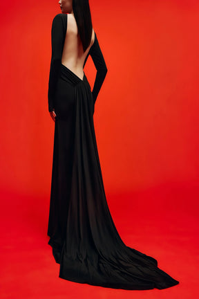 Caterina Black Open Back Maxi Gown with Train