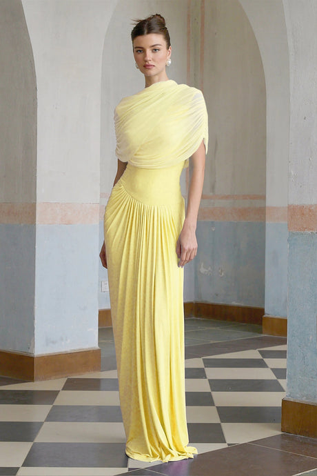 Catherine asymmetrical pleated maxi dress in Yellow