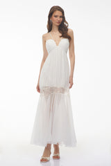 Catherine White Pleated Maxi Dress with Spaghetti Straps
