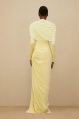 Catherine Yellow Asymmetrical Pleated LongSleeve Maxi Dress
