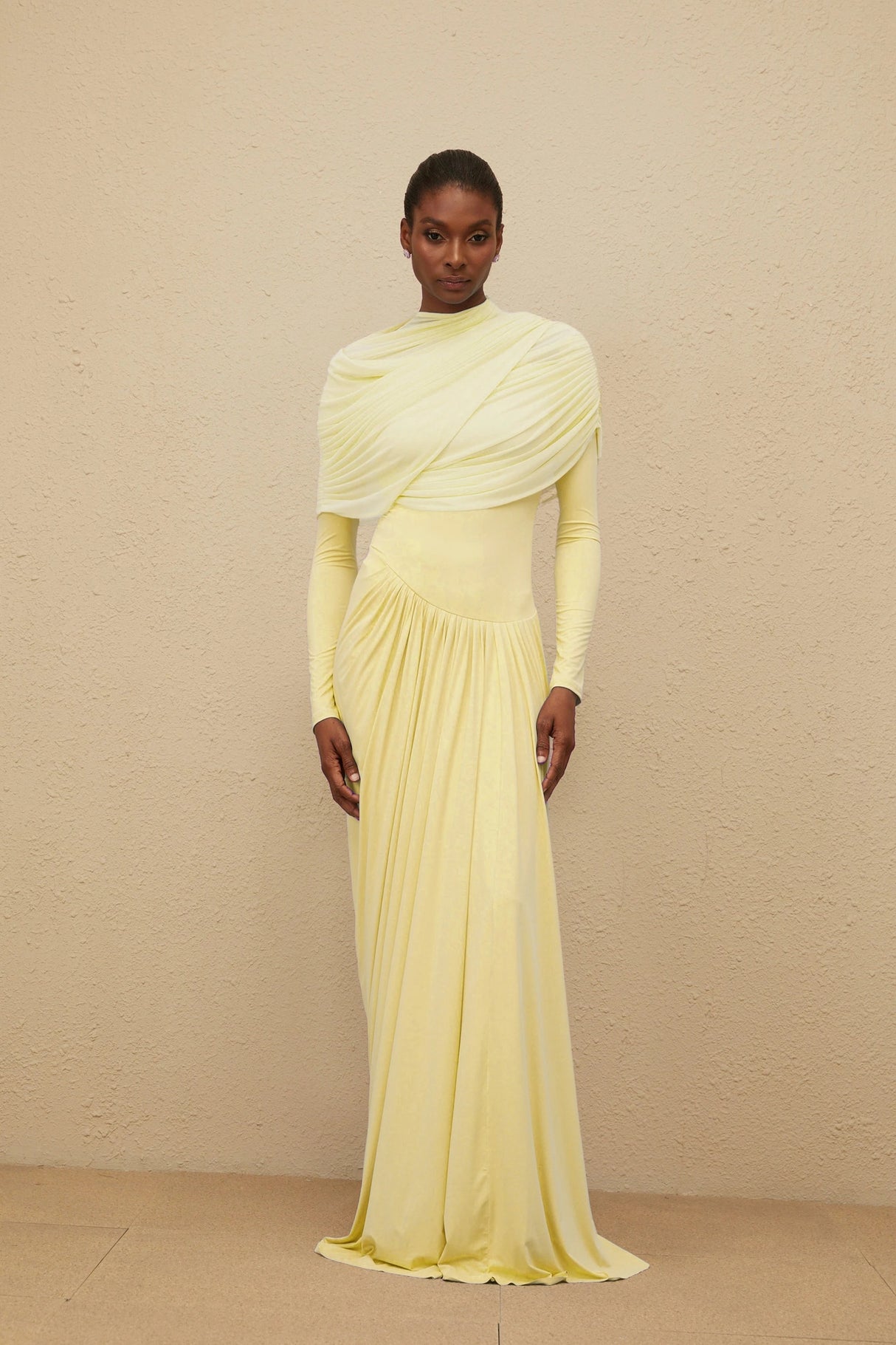 Catherine Yellow Asymmetrical Pleated LongSleeve Maxi Dress