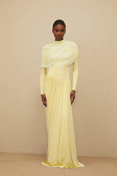 Catherine Yellow Asymmetrical Pleated LongSleeve Maxi Dress
