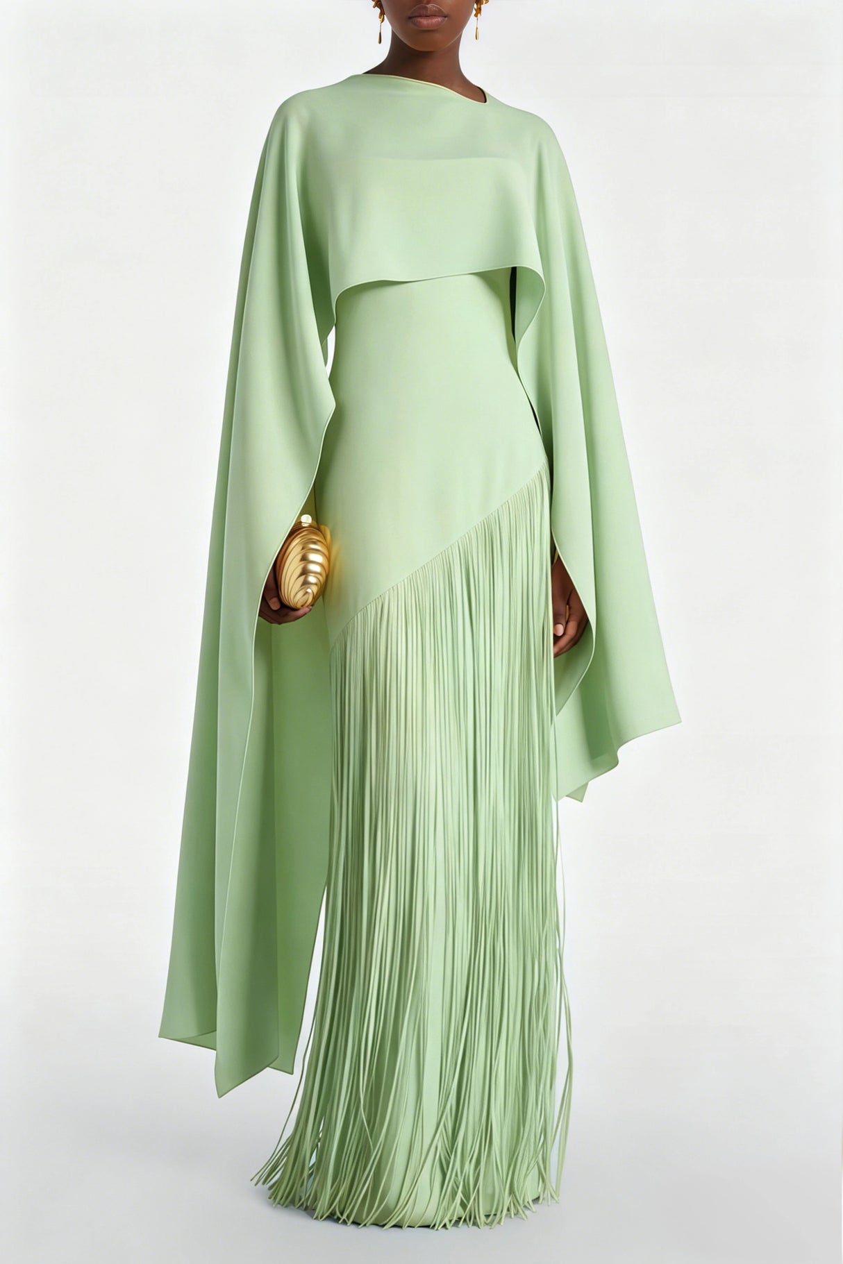 Cayetana Emerald Green Fringe Maxi Dress with Cape Effect
