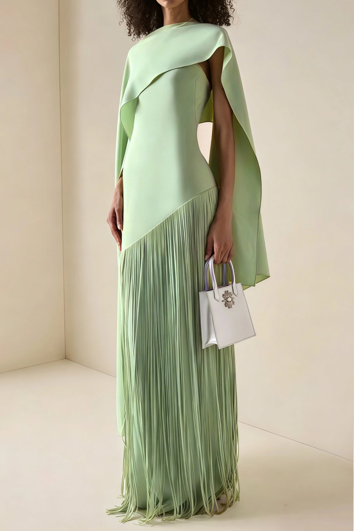 Cayetana Emerald Green Fringe Maxi Dress with Cape Effect