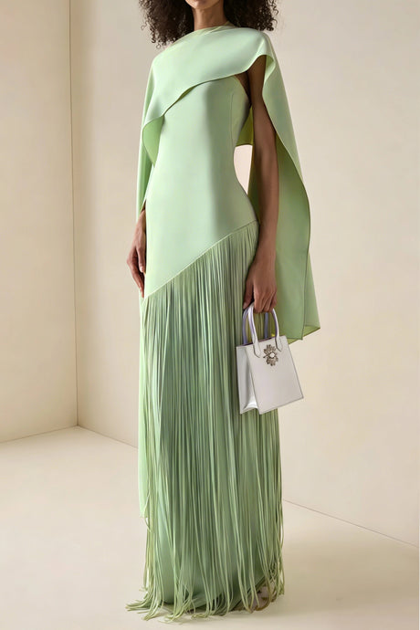 Cayetana Emerald Green Fringe Maxi Dress with Cape Effect