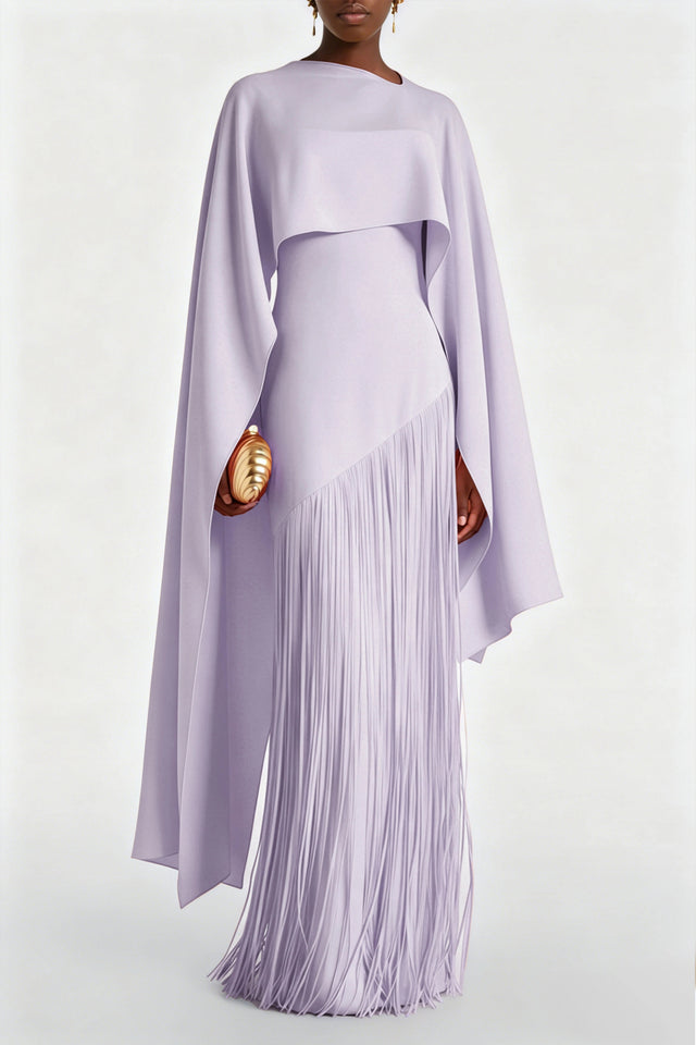 Cayetana Lilac Fringe Maxi Dress with Cape Effect