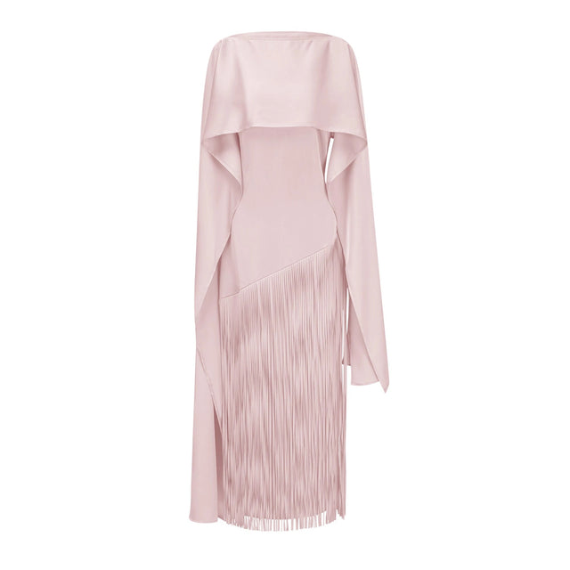 Cayetana Nude Pink Fringe Maxi Dress with Cape Effect