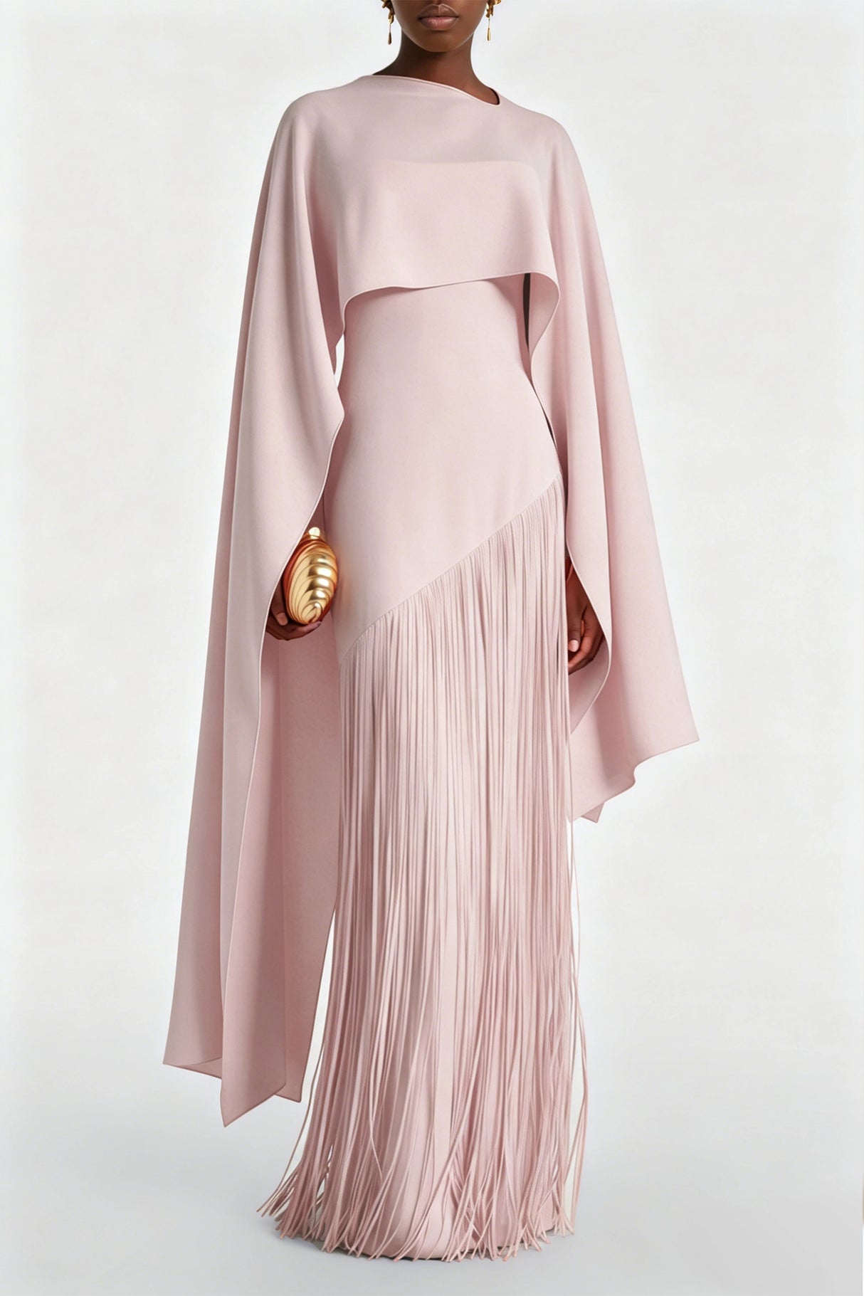 Cayetana Nude Pink Fringe Maxi Dress with Cape Effect