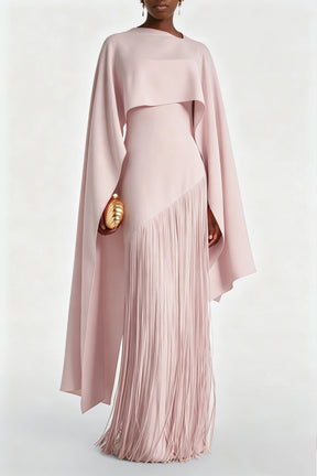 Cayetana Nude Pink Fringe Maxi Dress with Cape Effect