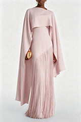 Cayetana Nude Pink Fringe Maxi Dress with Cape Effect
