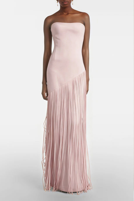 Cayetana Nude Pink Fringe Maxi Dress with Cape Effect
