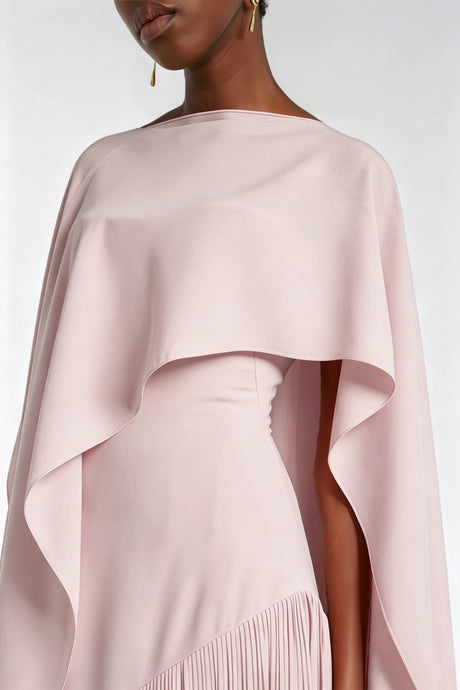 Cayetana Nude Pink Fringe Maxi Dress with Cape Effect