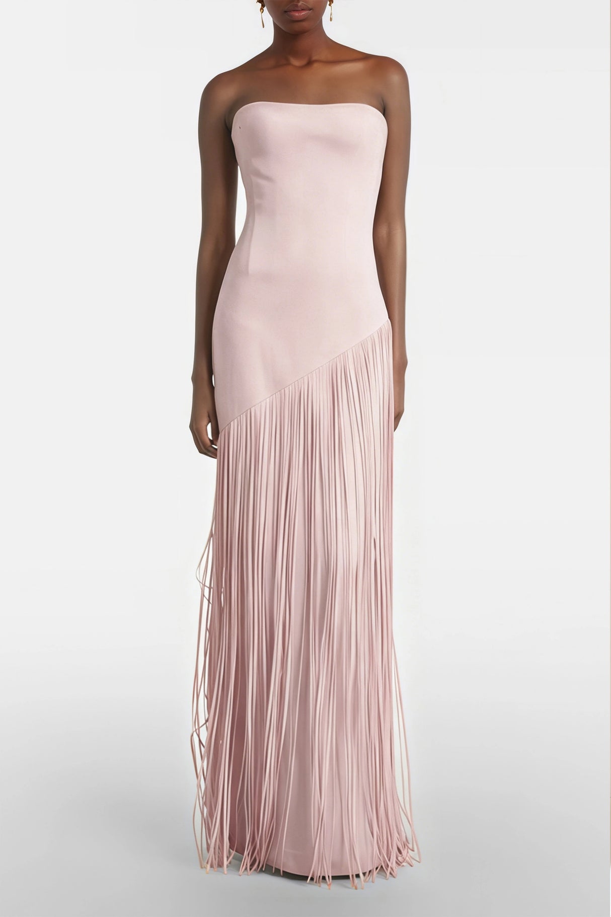 Cayetana Nude Pink Fringe Maxi Dress with Cape Effect