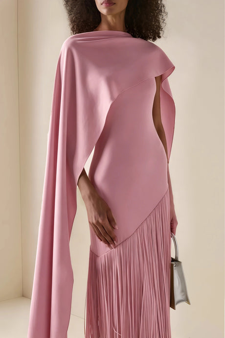 Cayetana Pink Fringe Maxi Dress with Cape Effect