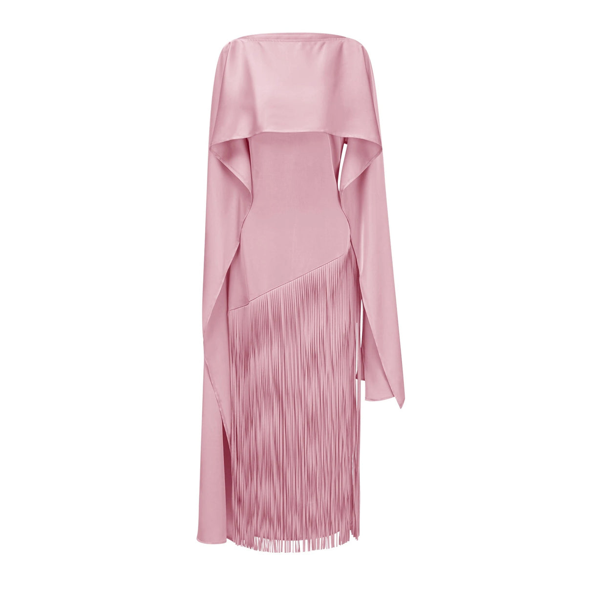 Cayetana Pink Fringe Maxi Dress with Cape Effect
