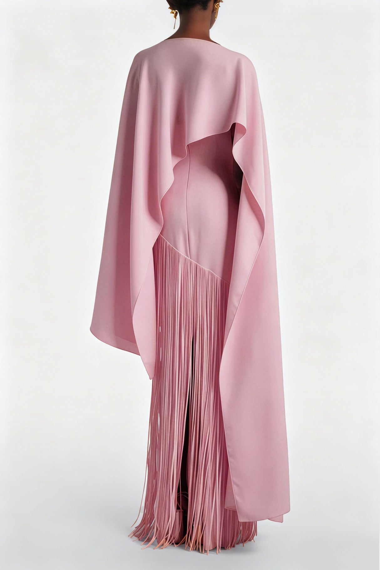 Cayetana Pink Fringe Maxi Dress with Cape Effect
