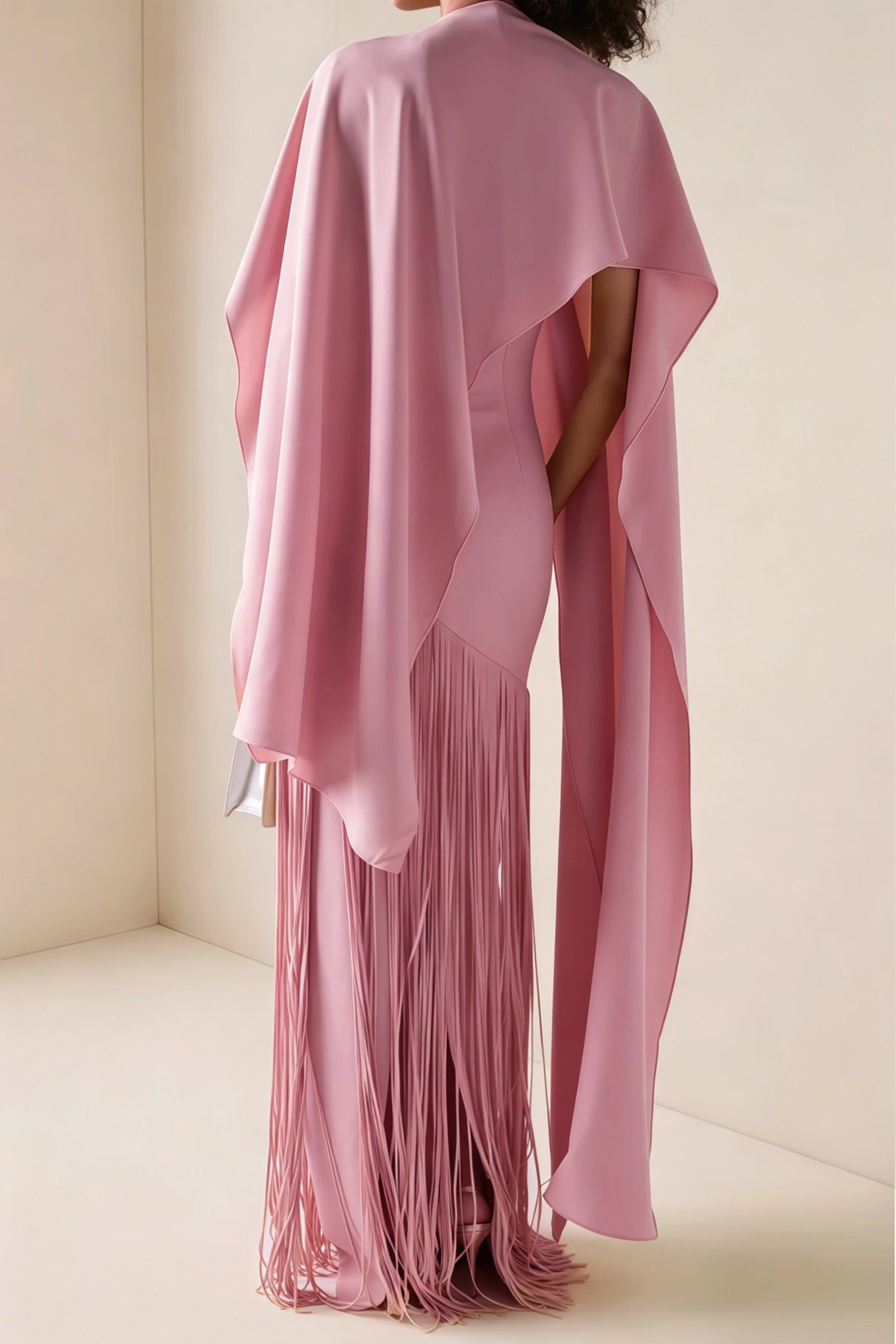 Cayetana Pink Fringe Maxi Dress with Cape Effect