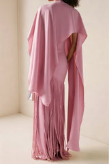 Cayetana Pink Fringe Maxi Dress with Cape Effect