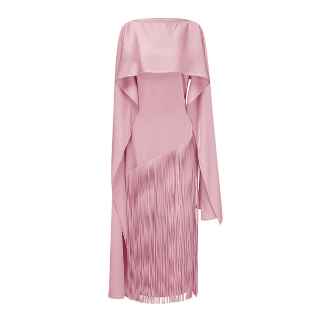 Cayetana Pink Fringe Maxi Dress with Cape Effect