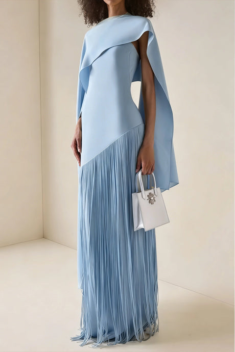 Cayetana Sapphire Blue Fringe Maxi Dress with Cape Effect
