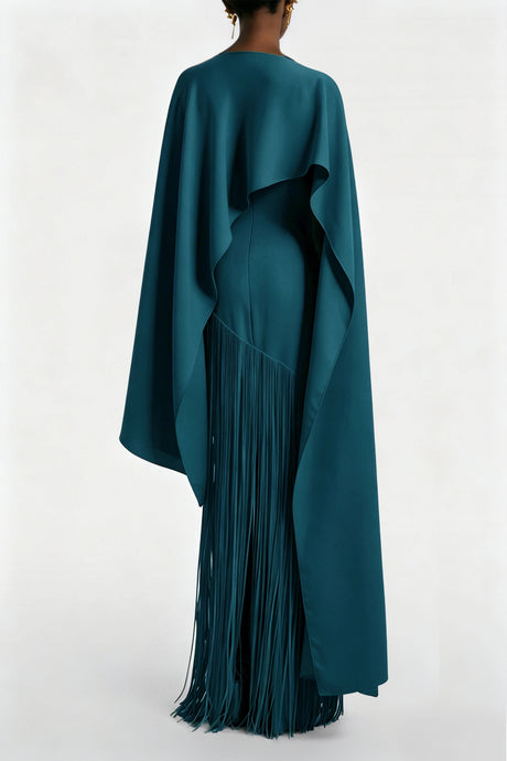 Cayetana Teal Fringe Maxi Dress with Cape Effect