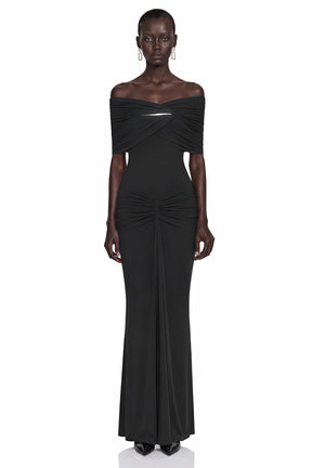 Celeste Black Off Shoulder Pleated Maxi Dress