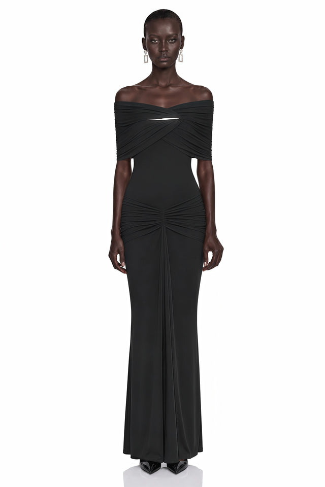 Celeste Black Off Shoulder Pleated Maxi Dress