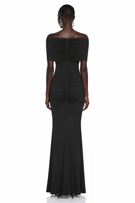 Celeste Black Off Shoulder Pleated Maxi Dress