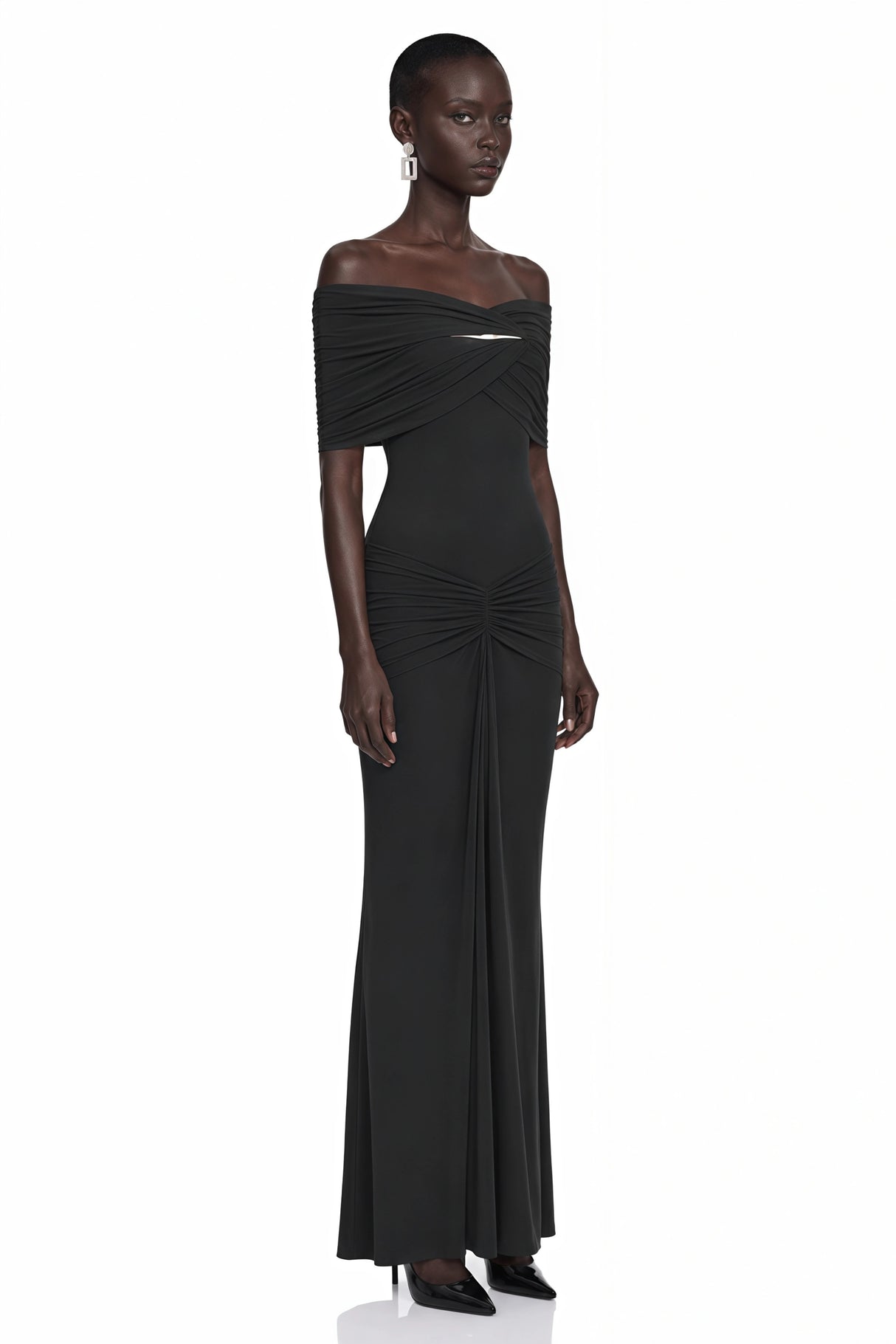 Celeste Black Off Shoulder Pleated Maxi Dress