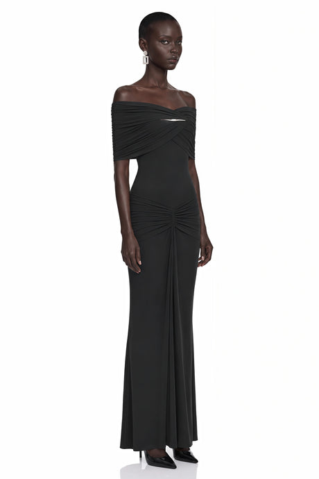 Celeste Black Off Shoulder Pleated Maxi Dress