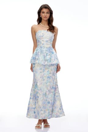 Celeste Blue Floral Strapless Peplum Maxi Dress