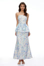 Celeste Blue Floral Strapless Peplum Maxi Dress