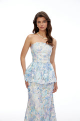 Celeste Blue Floral Strapless Peplum Maxi Dress