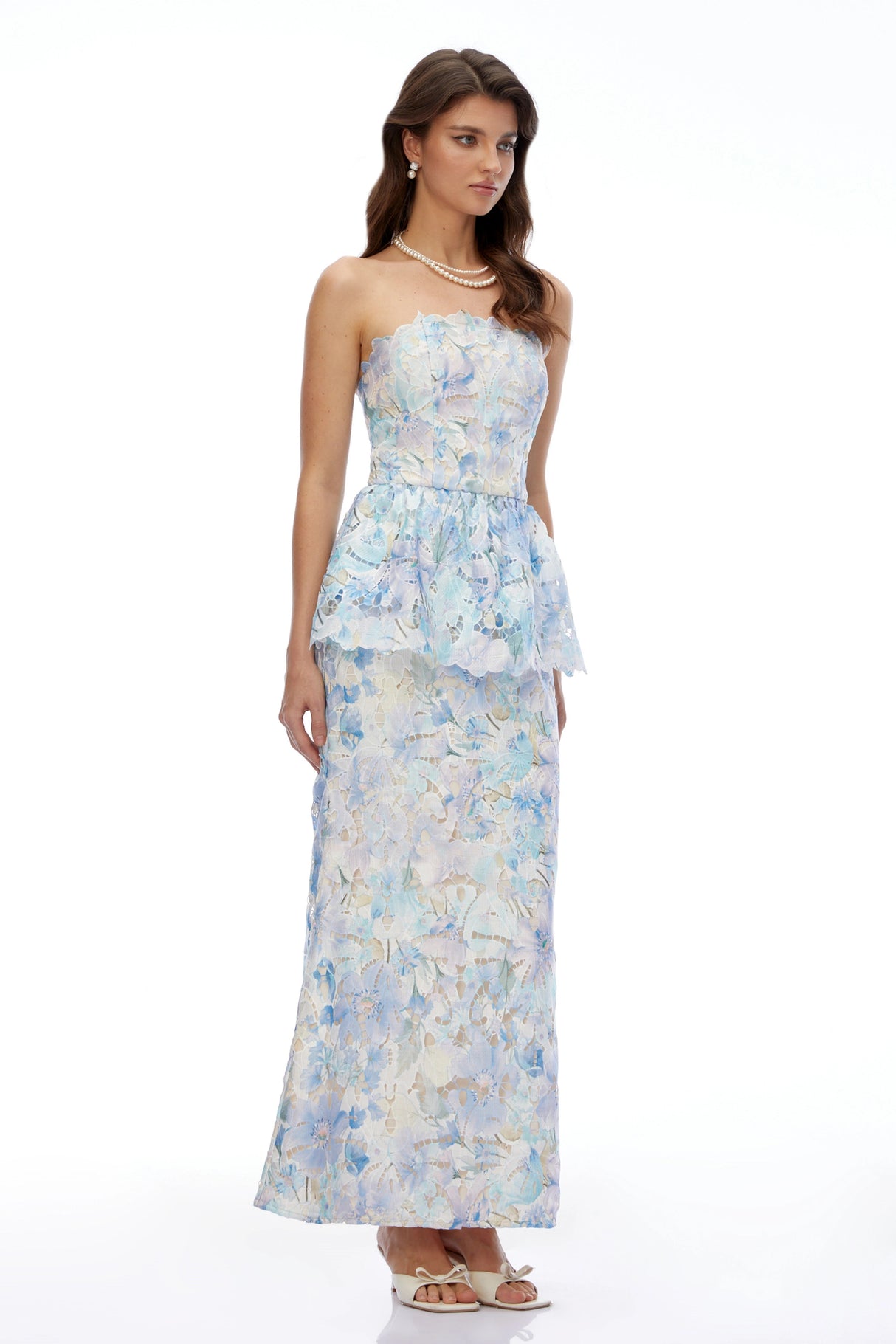 Celeste Blue Floral Strapless Peplum Maxi Dress