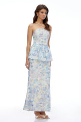 Celeste Blue Floral Strapless Peplum Maxi Dress