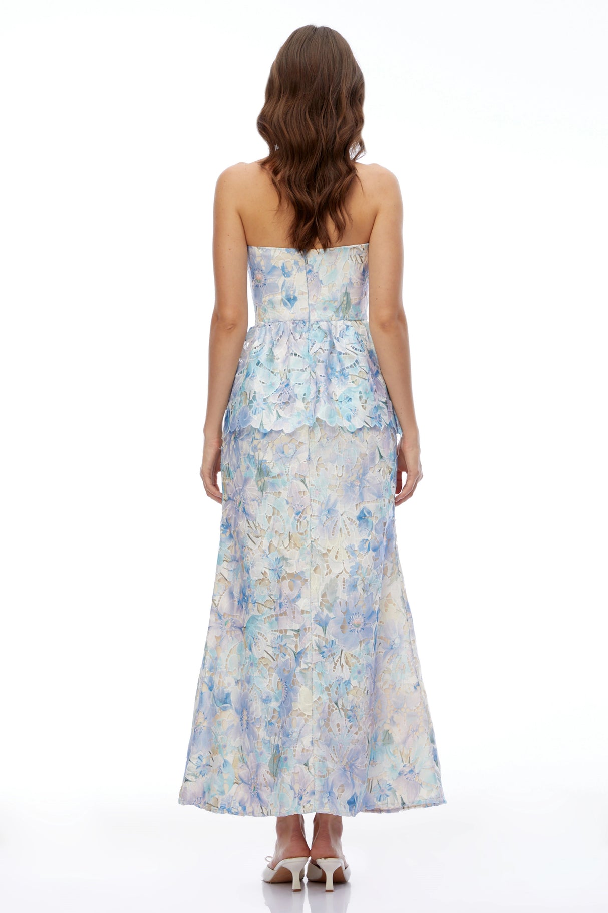 Celeste Blue Floral Strapless Peplum Maxi Dress