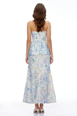Celeste Blue Floral Strapless Peplum Maxi Dress
