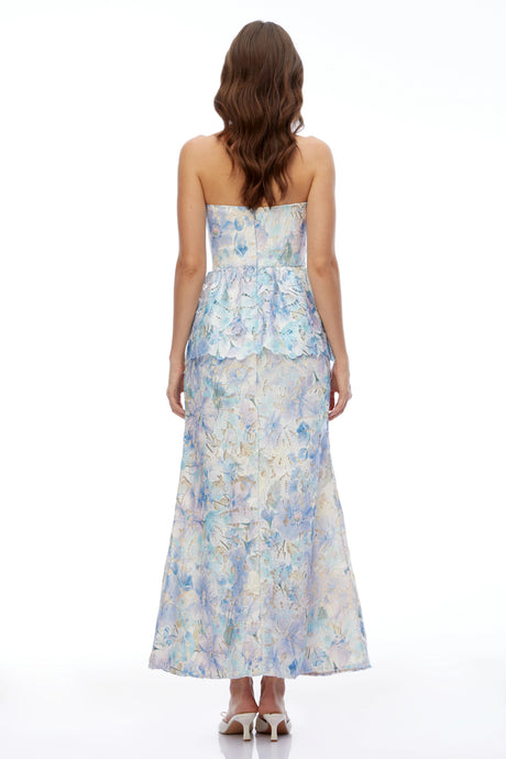 Celeste Blue Floral Strapless Peplum Maxi Dress