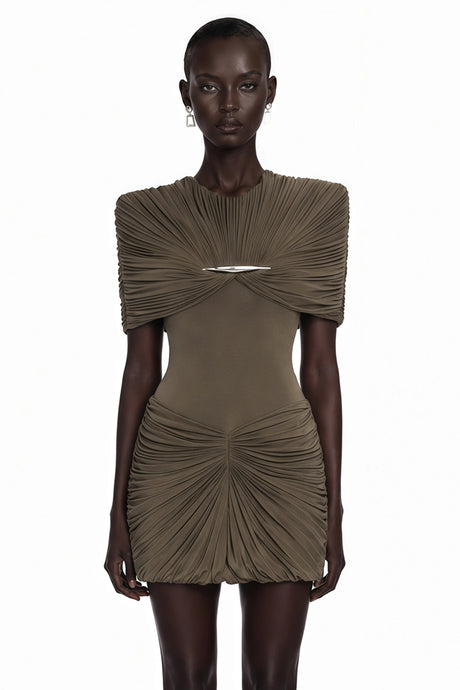 Celeste Chocolate Brown Pleated Cape Mini Dress