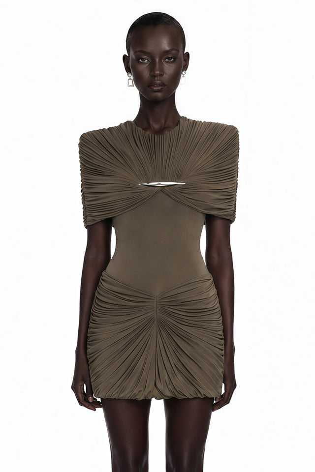 Celeste Chocolate Brown Pleated Cape Mini Dress