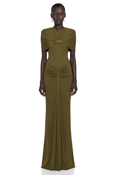Celeste Green Pleated Cape Maxi Dress