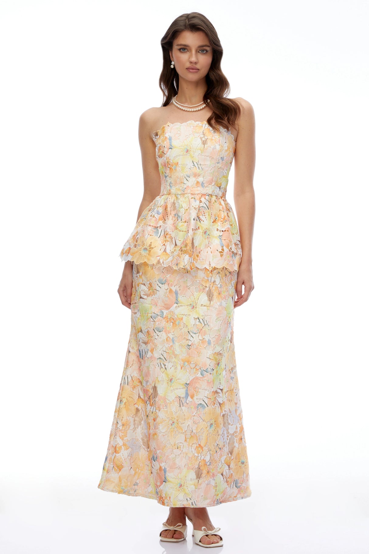 Celeste Orange Floral Strapless Peplum Maxi Dress